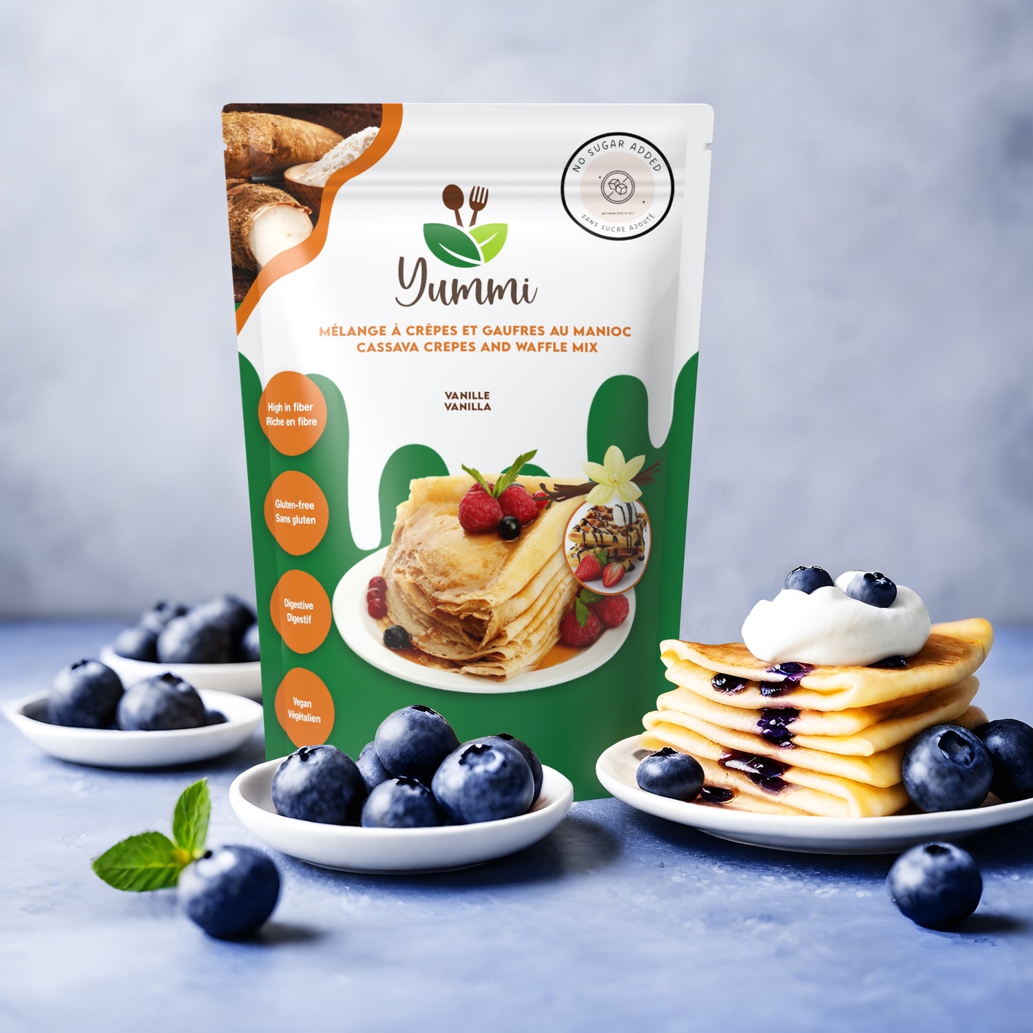 Savourez notre délicieuse crêpe garnie de bleuets juteux et d'une onctueuse crème. Parfaite pour un petit-déjeuner gourmand ou un dessert, elle allie fraîcheur et douceur pour une expérience culinaire inoubliable.