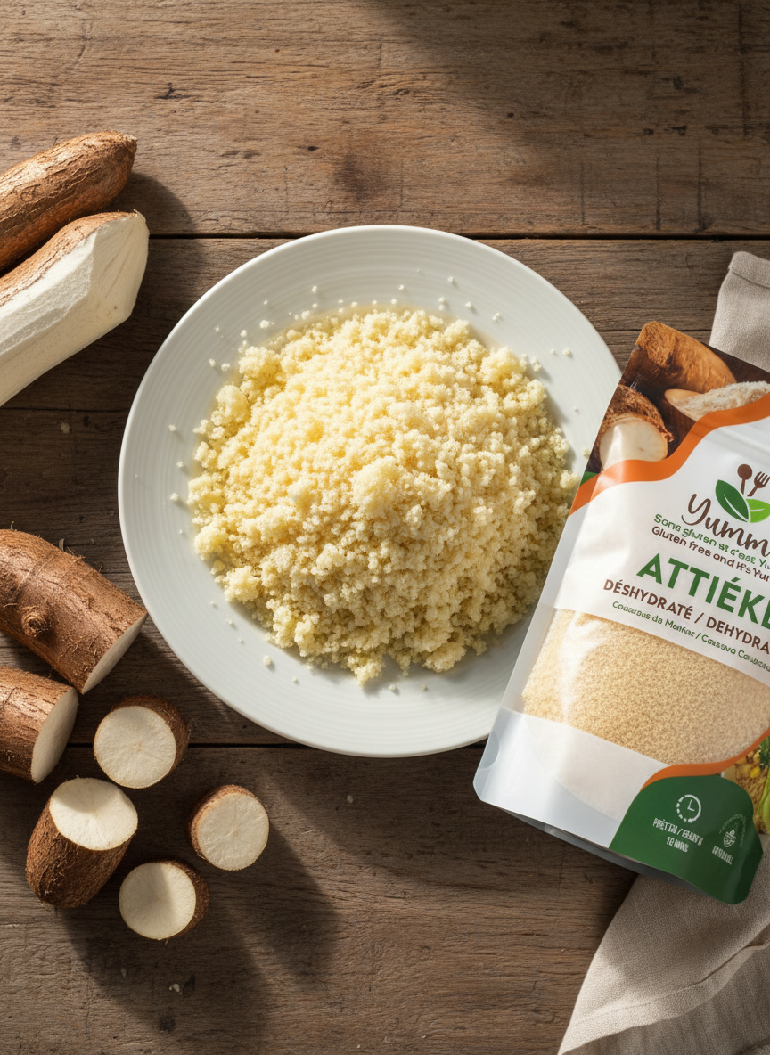 attiéké frais cuit et dans une assiete 