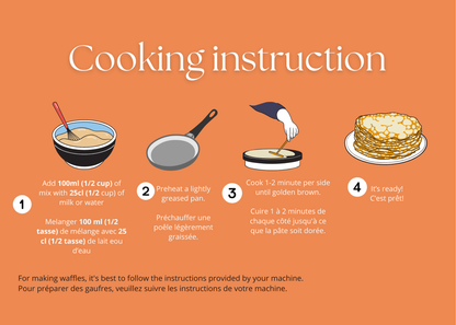 Instructions pour préparer des crêpes et gaufres au manioc, montrant les ingrédients, le mélange et les étapes de cuisson. Un guide visuel pour réaliser des plats savoureux et sains